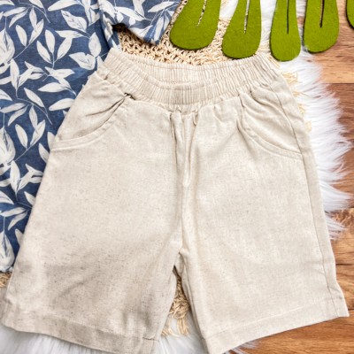 Conj. Camisa Tropical e Bermuda em Linho - Azul Jeans e Areia